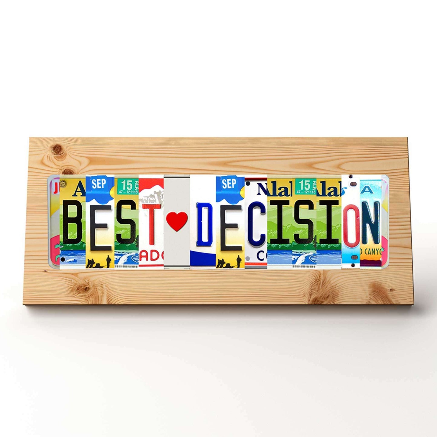 BEST💗DECISION Marriage Themed Custom Pine Plaque Sign and License Plate Letters for Home Den, She Shed, Man Cave, Bar, and Restaurant Decor

Celebrate the beauty of commitment with our